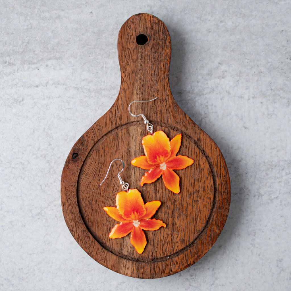 Orange Orchid Bloom Plant Earrings | Blossom Earrings
