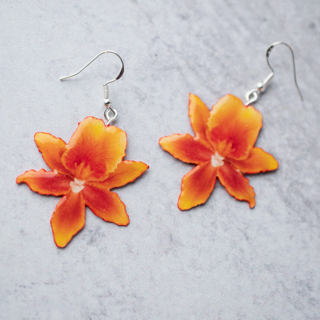 Orange Orchid Bloom Plant Earrings | Blossom Earrings